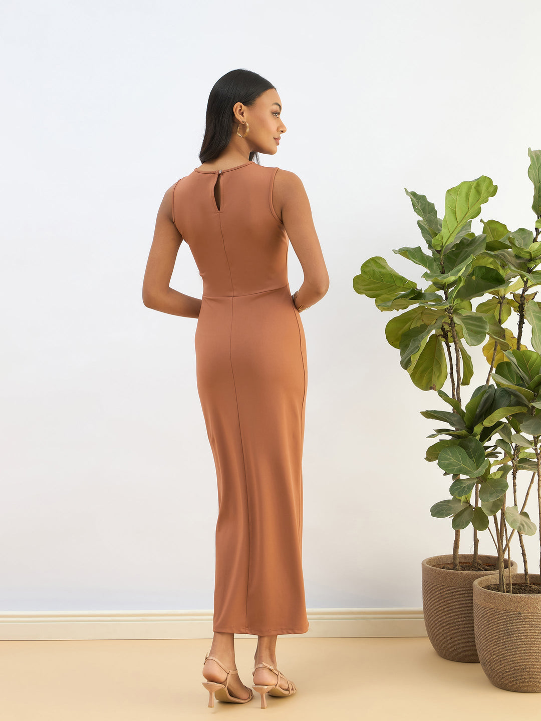 Women Rust Knitted Sleeveless Bodycon Midi Dress