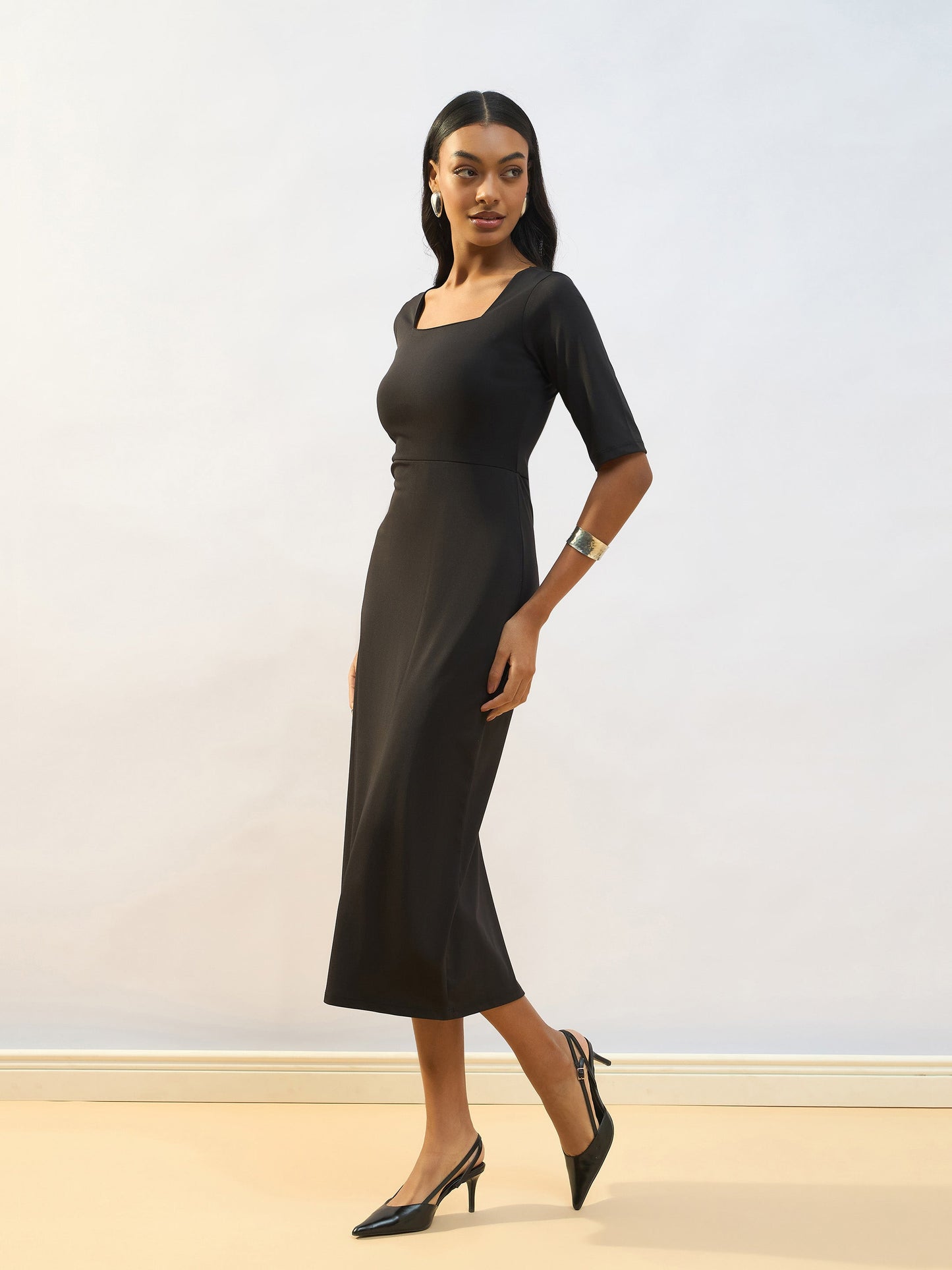 Black Knitted Square Neck Bodycon Midi Dress