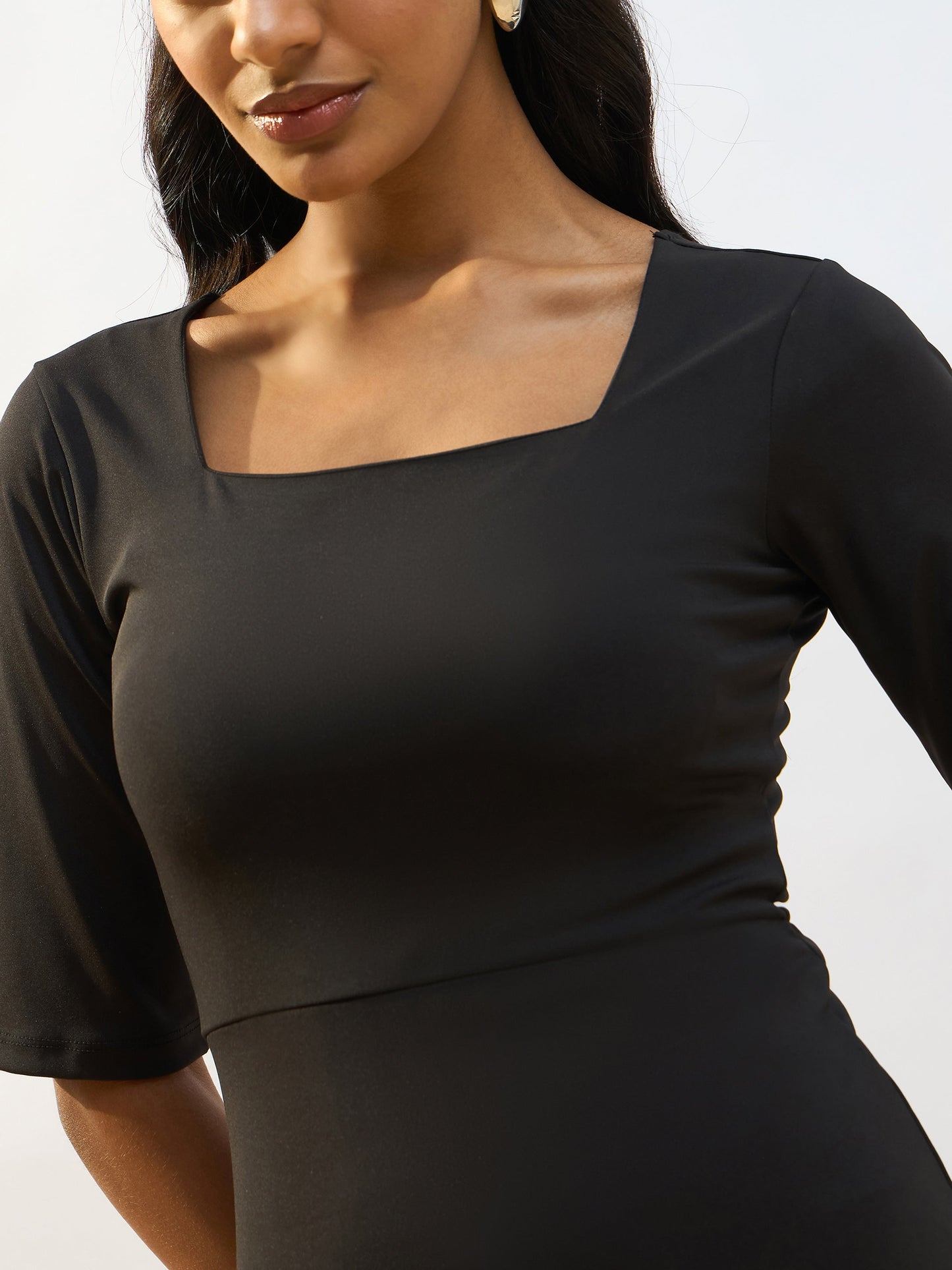 Black Knitted Square Neck Bodycon Midi Dress