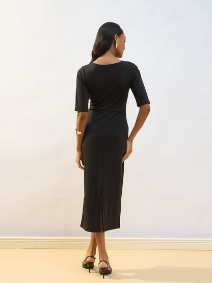 Black Knitted Square Neck Bodycon Midi Dress