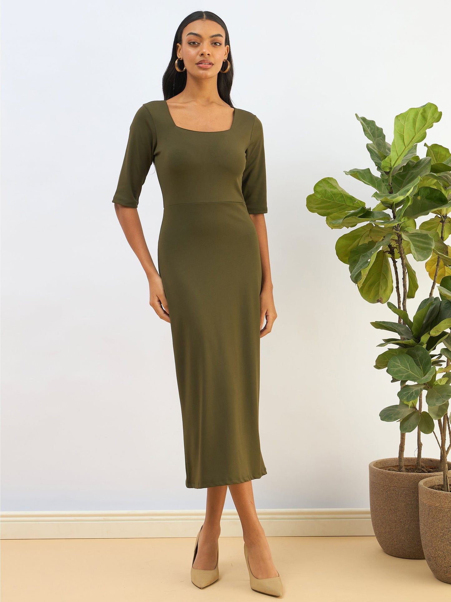Women Olive Knitted Square Neck Bodycon Midi Dress