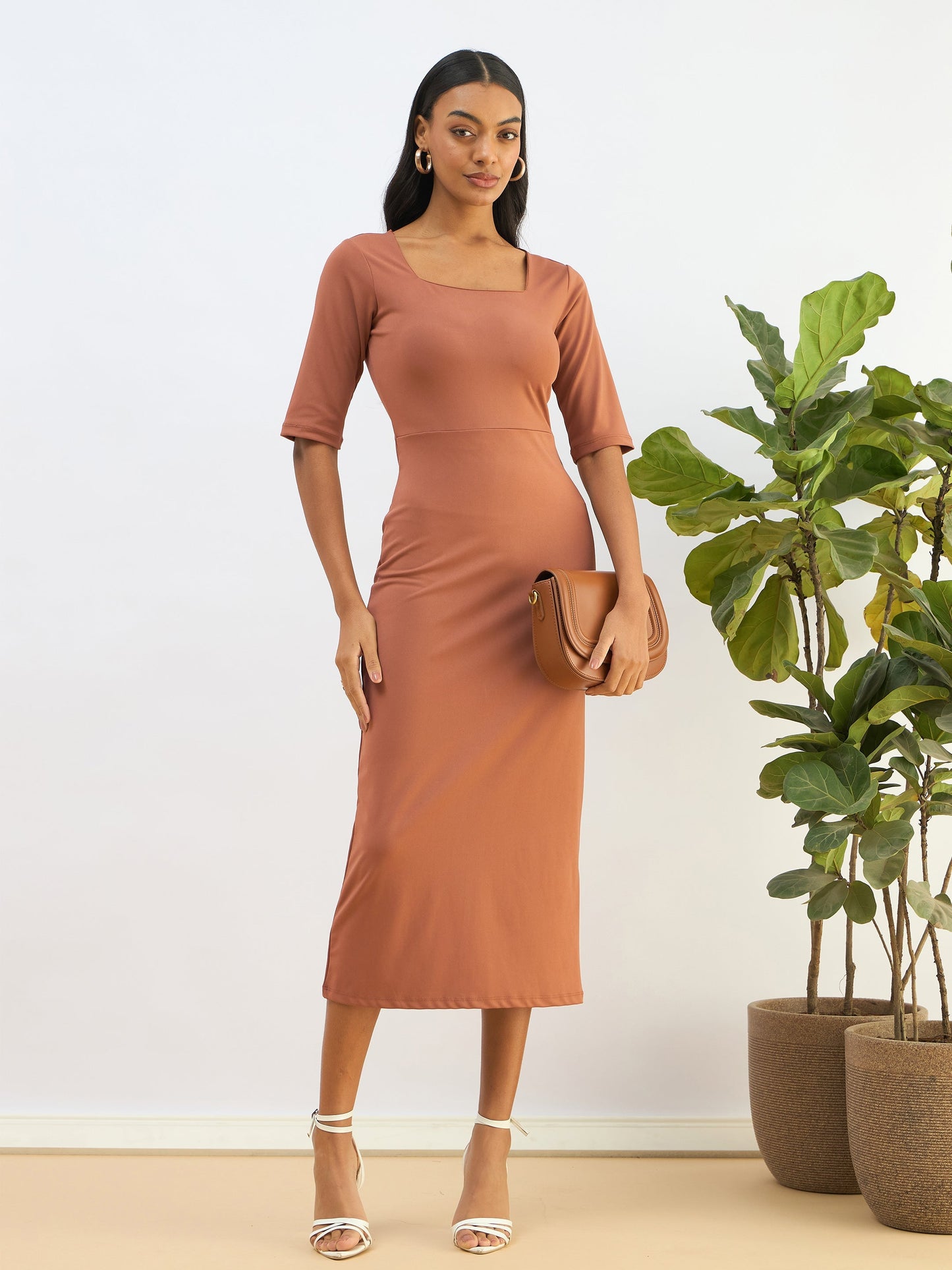 Rust Knitted Square Neck Bodycon Midi Dress