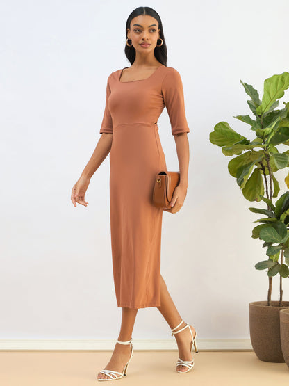 Rust Knitted Square Neck Bodycon Midi Dress