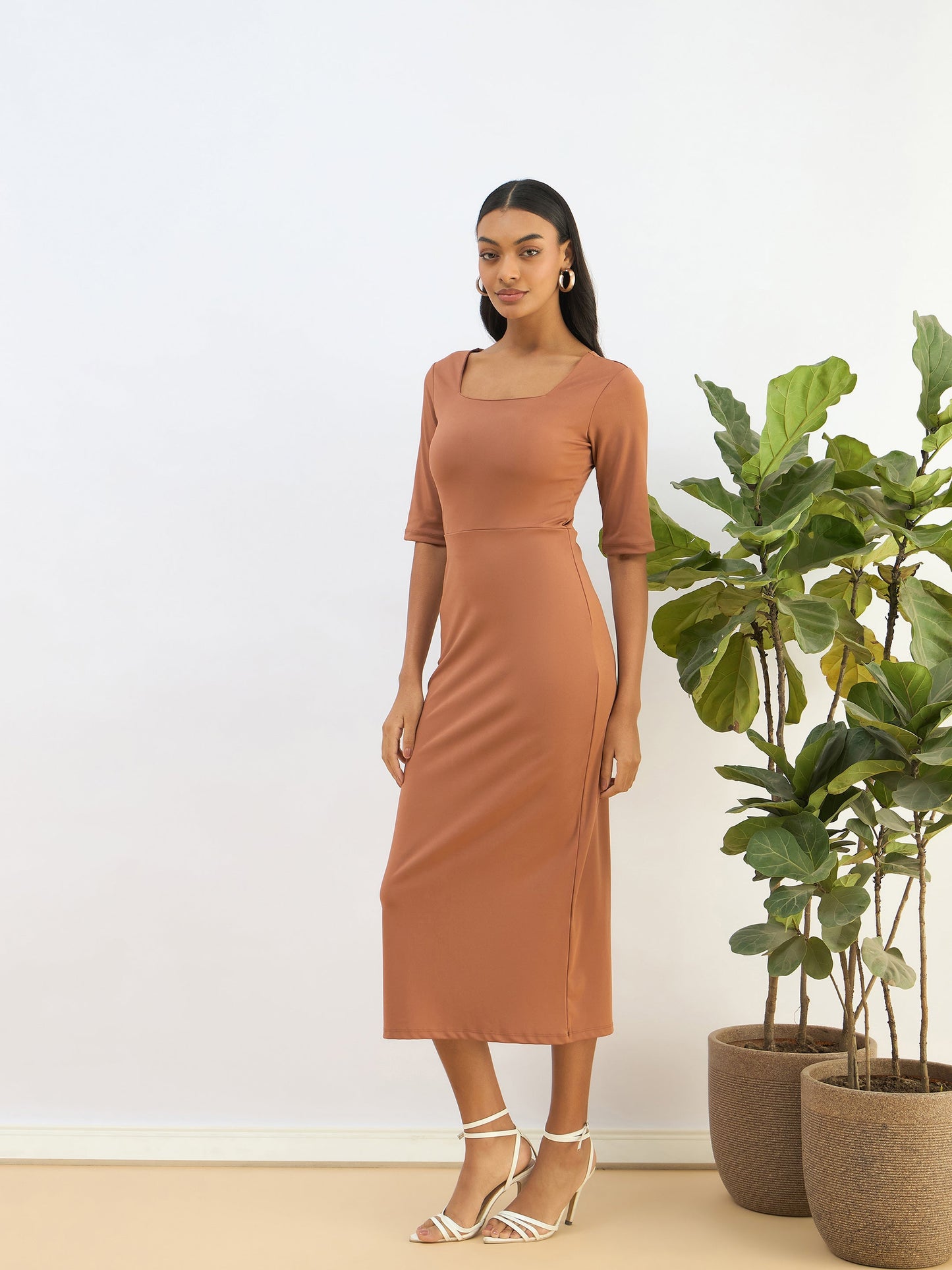 Rust Knitted Square Neck Bodycon Midi Dress