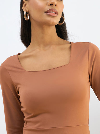 Rust Knitted Square Neck Bodycon Midi Dress