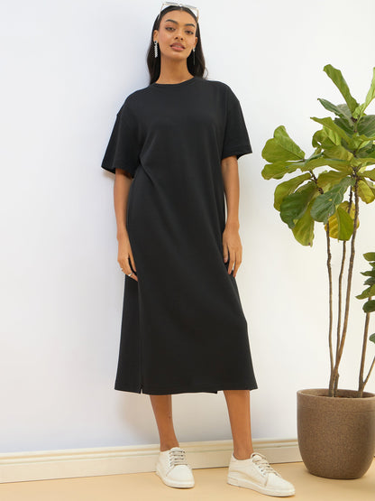 Black Waffle Side Slit Oversized T-Shirt Dress