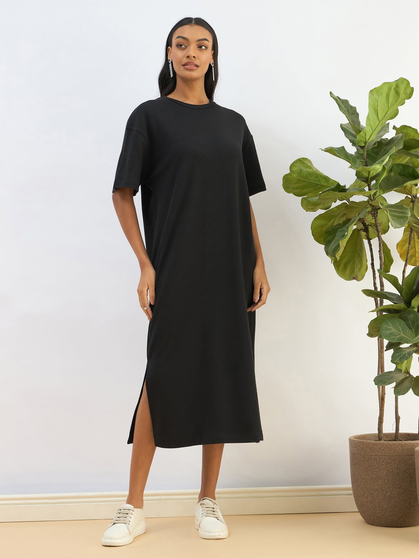 Black Waffle Side Slit Oversized T-Shirt Dress