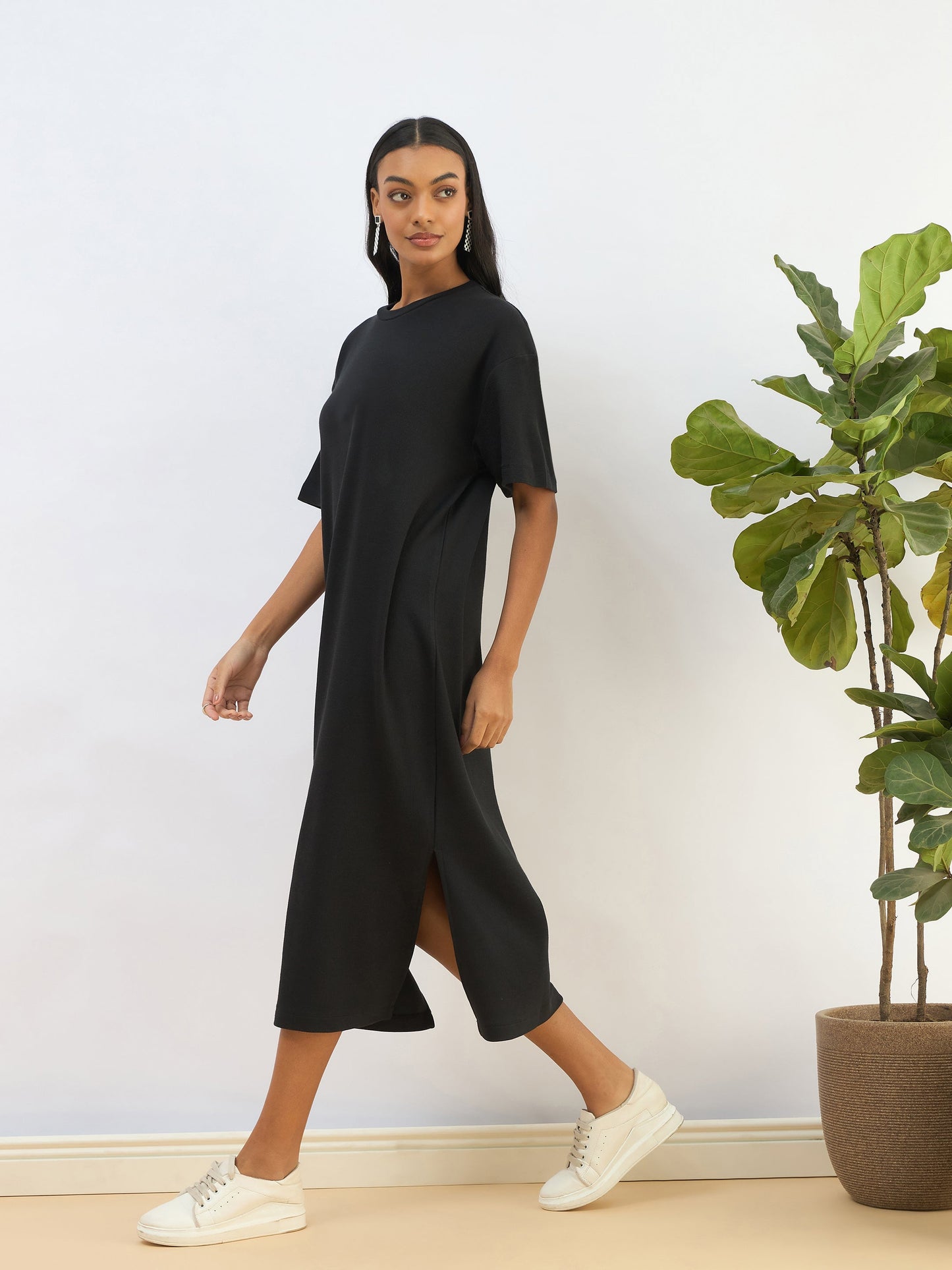 Black Waffle Side Slit Oversized T-Shirt Dress