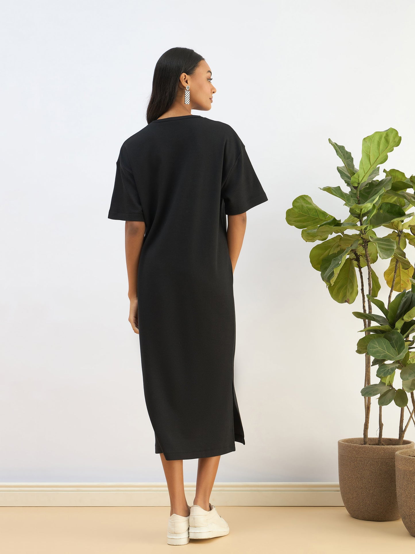 Black Waffle Side Slit Oversized T-Shirt Dress