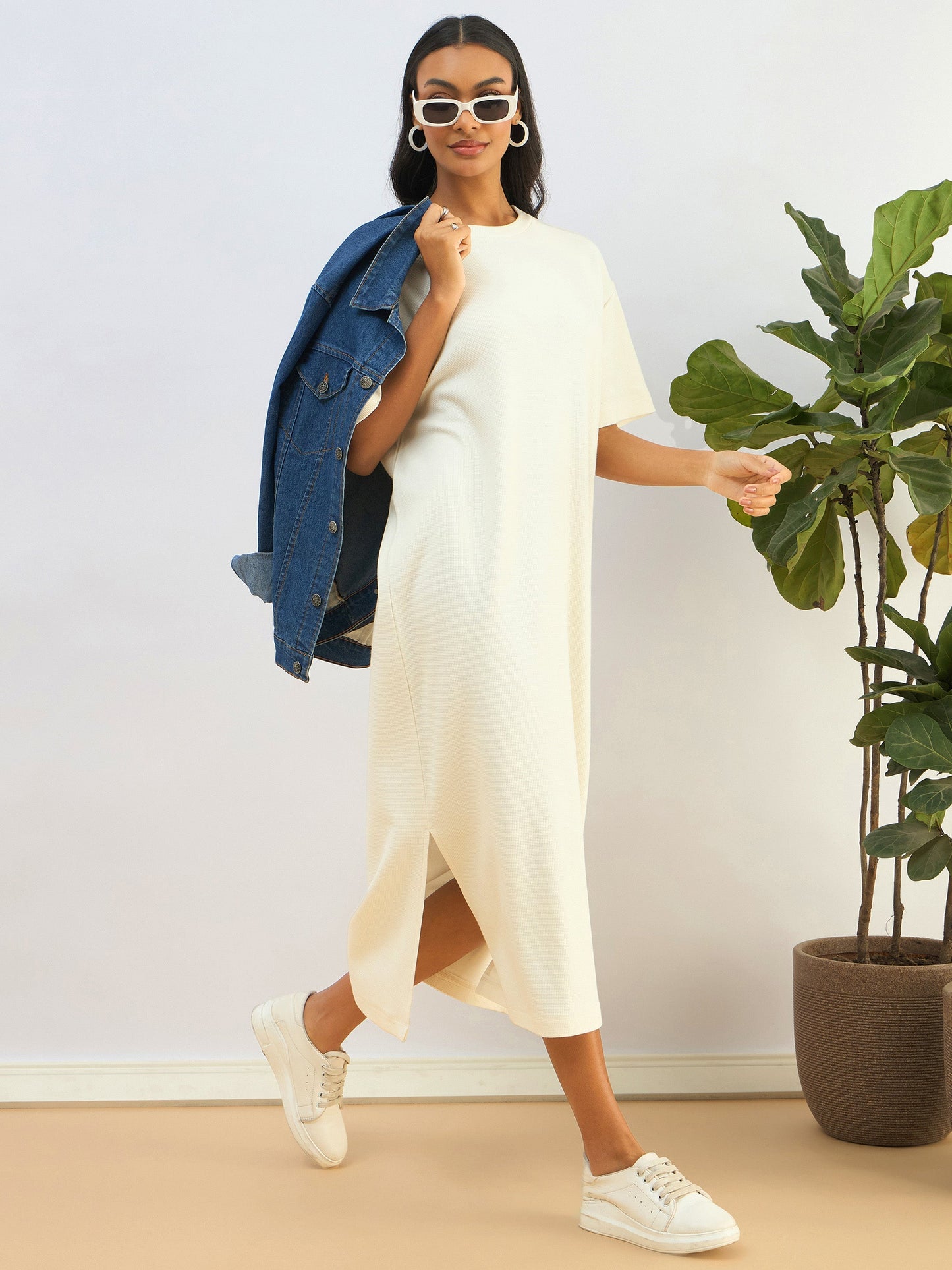 White Waffle Side Slit Oversized T-Shirt Dress