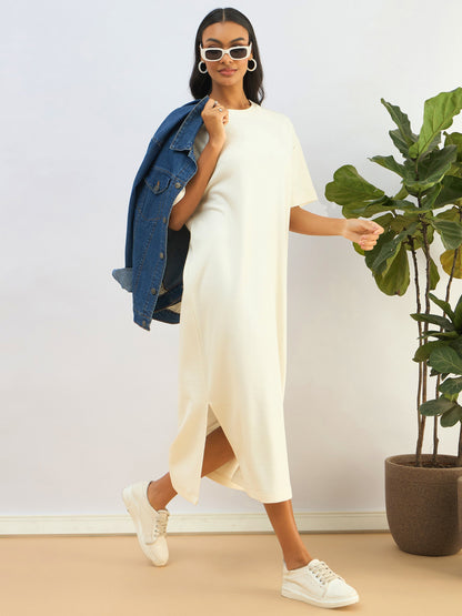 White Waffle Side Slit Oversized T-Shirt Dress