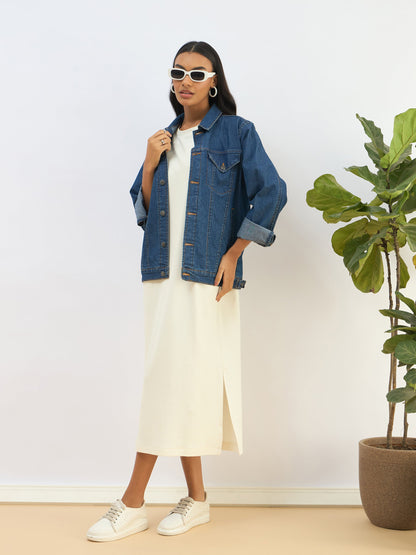 White Waffle Side Slit Oversized T-Shirt Dress