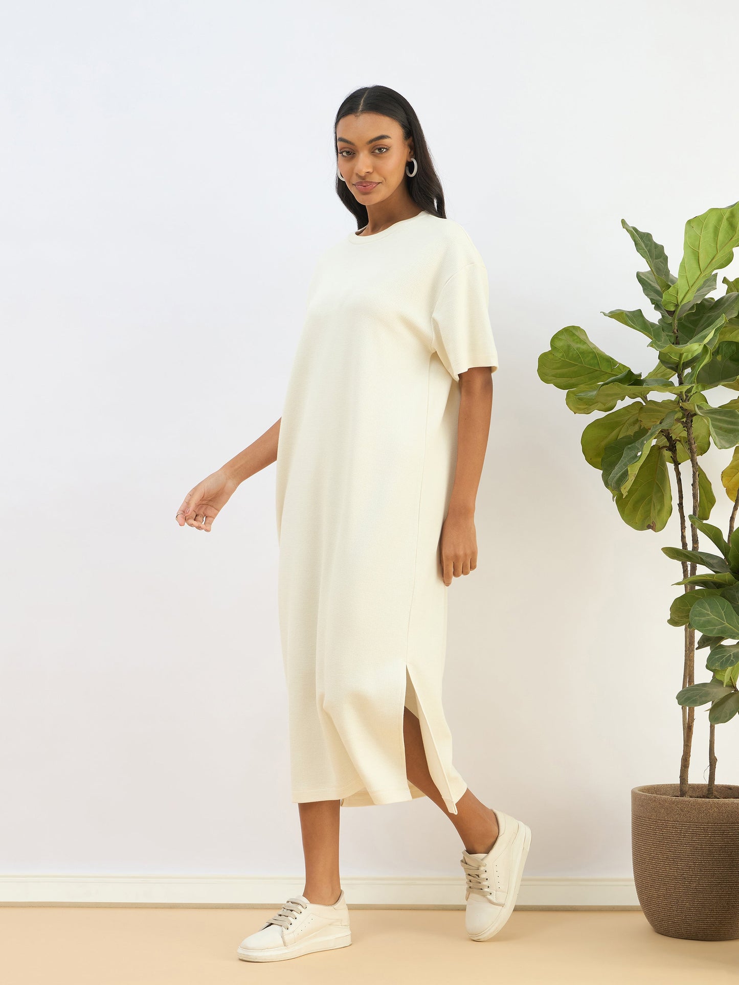 White Waffle Side Slit Oversized T-Shirt Dress