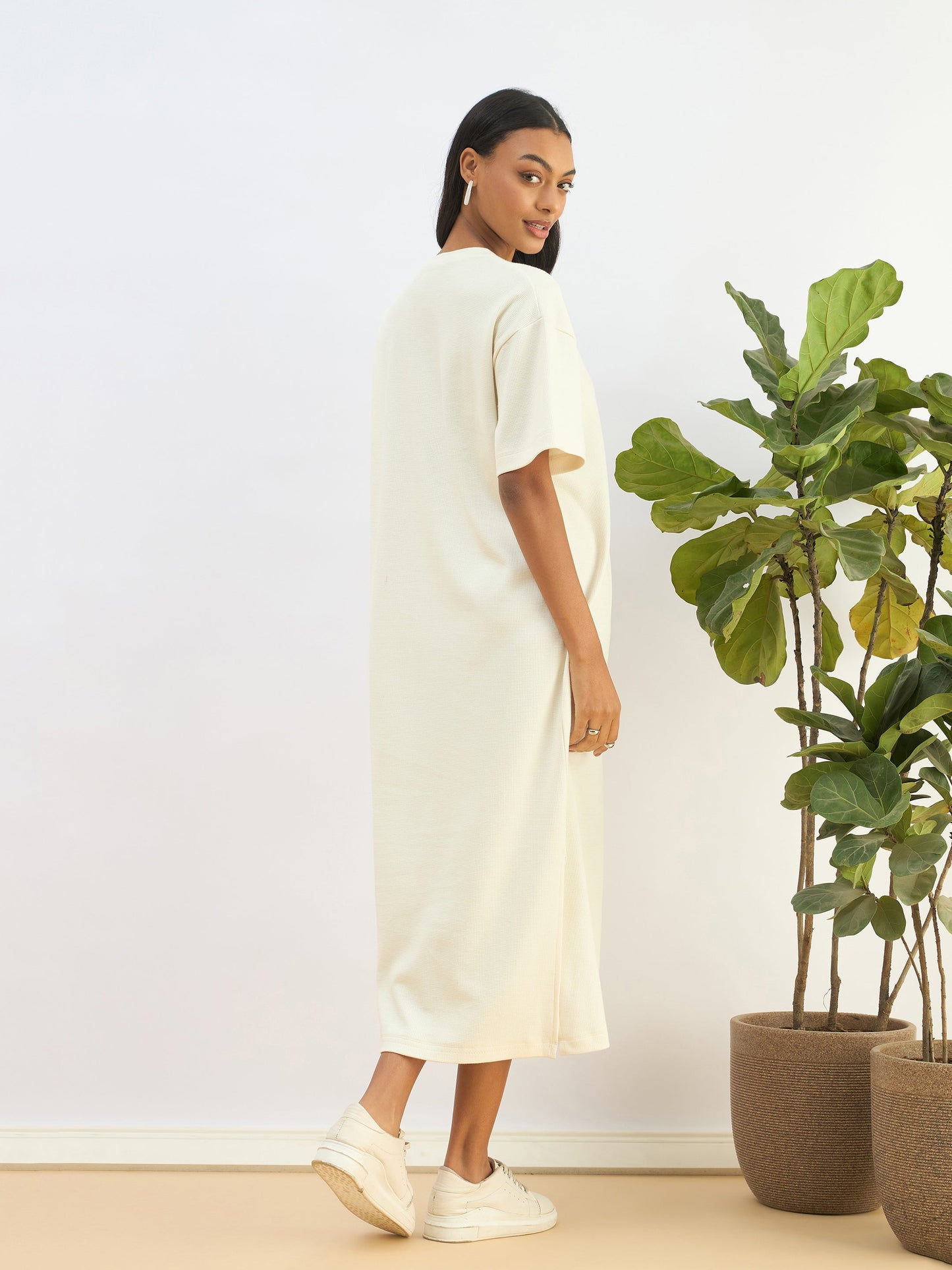 White Waffle Side Slit Oversized T-Shirt Dress