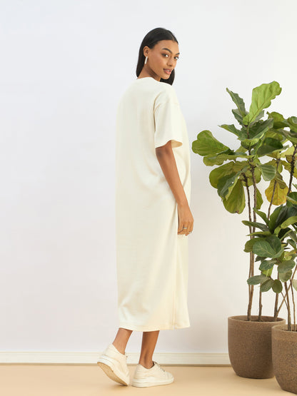 White Waffle Side Slit Oversized T-Shirt Dress