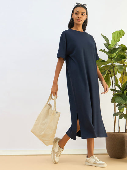 Navy Waffle Side Slit Oversized T-Shirt Dress