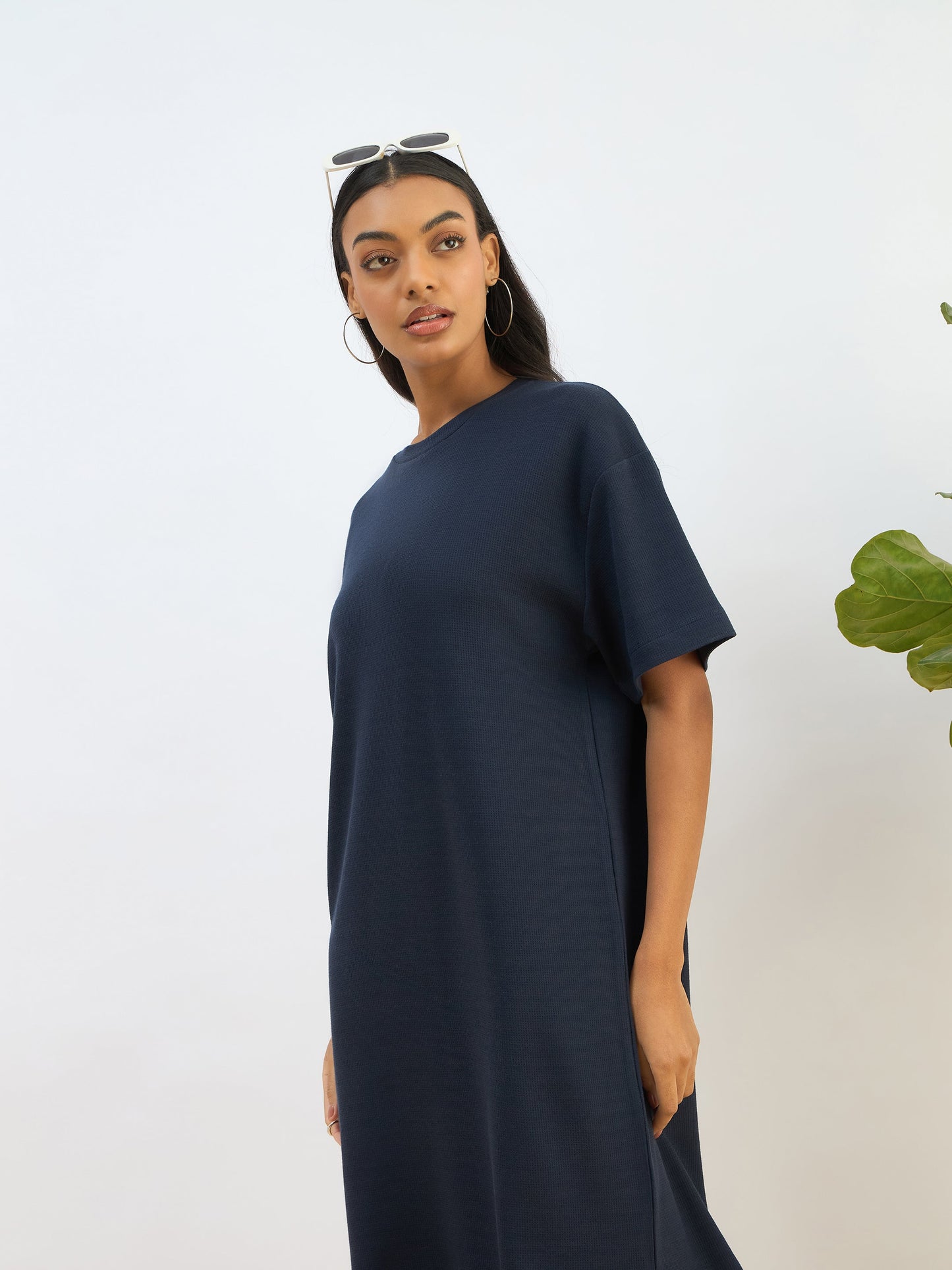 Navy Waffle Side Slit Oversized T-Shirt Dress