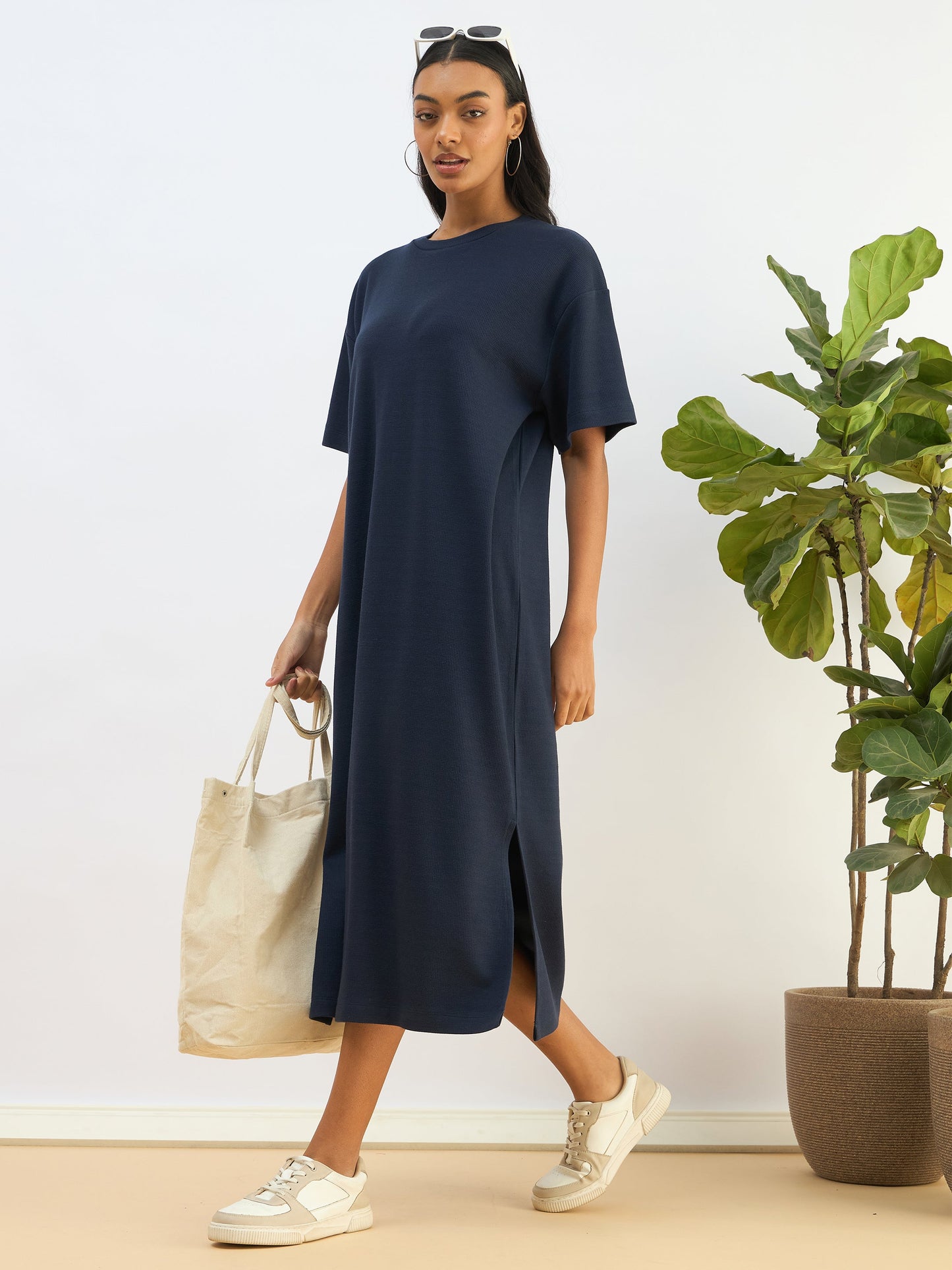 Navy Waffle Side Slit Oversized T-Shirt Dress