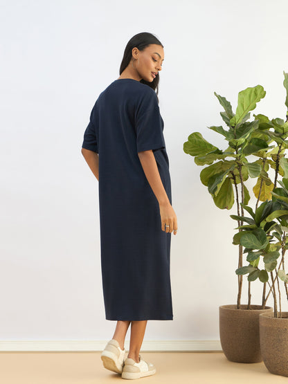 Navy Waffle Side Slit Oversized T-Shirt Dress