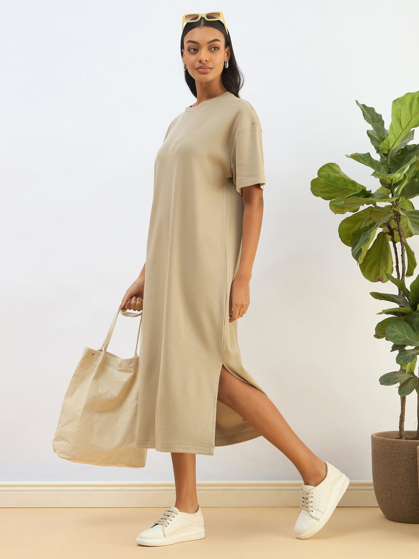 Olive Waffle Side Slit Oversized T-Shirt Dress