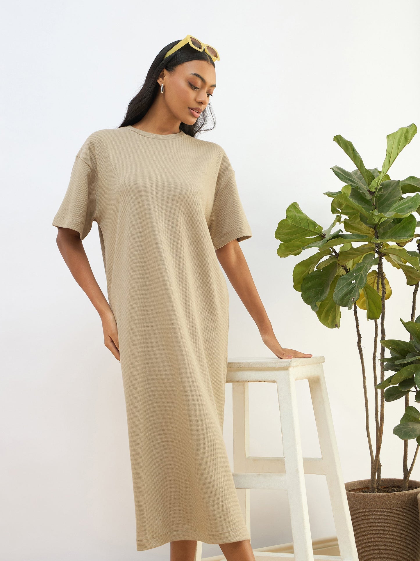 Olive Waffle Side Slit Oversized T-Shirt Dress