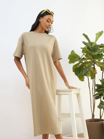 Olive Waffle Side Slit Oversized T-Shirt Dress