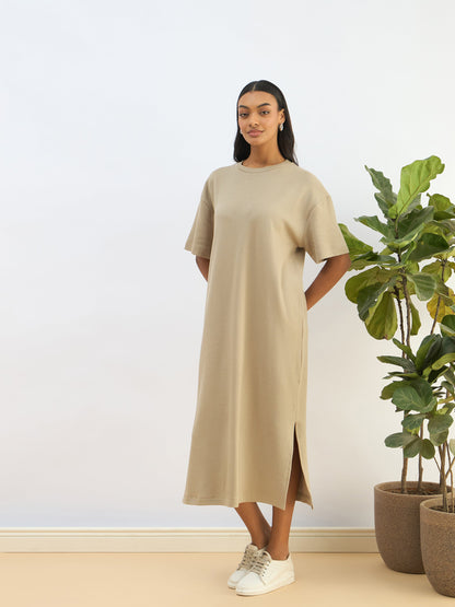 Olive Waffle Side Slit Oversized T-Shirt Dress