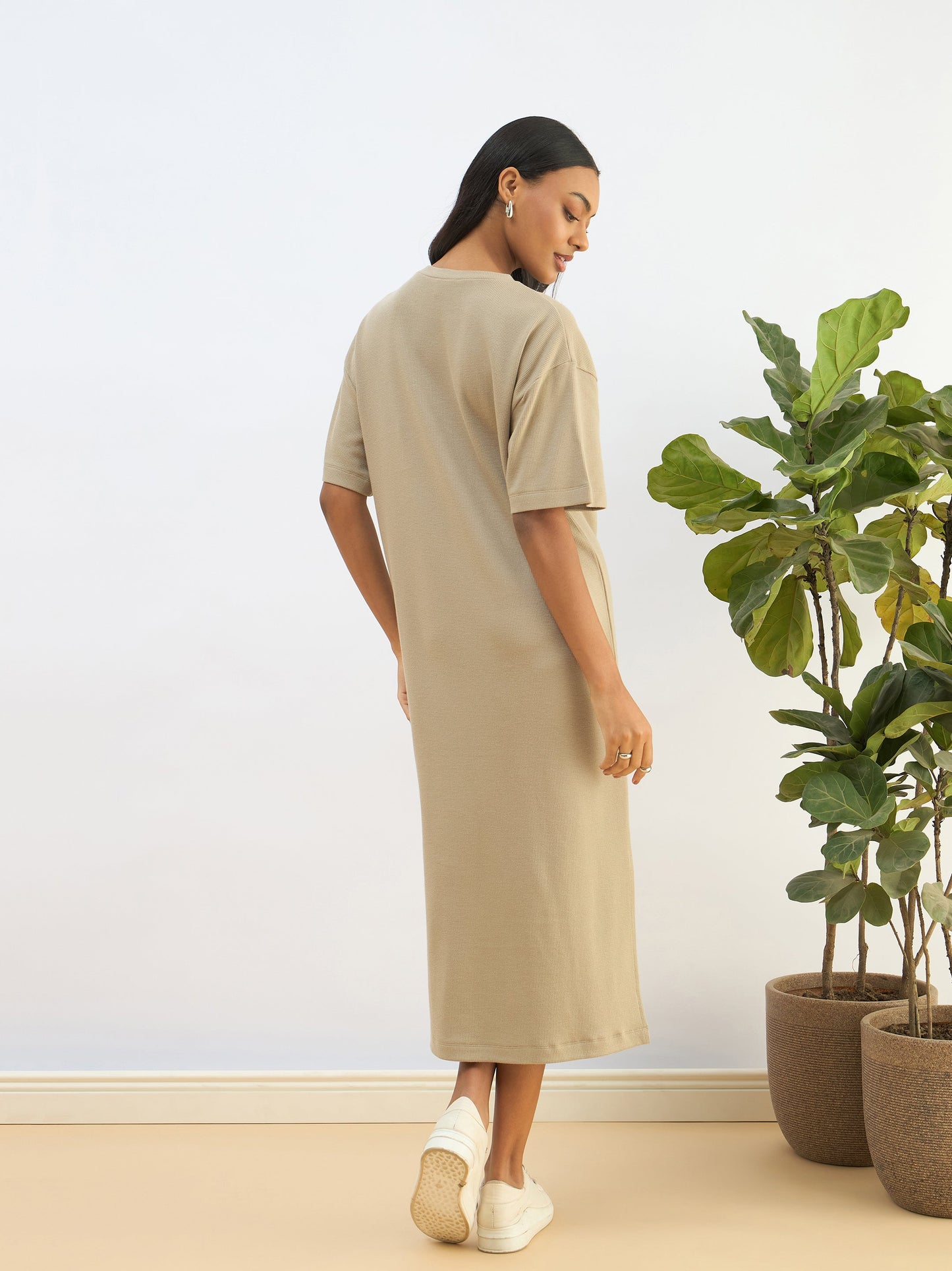 Olive Waffle Side Slit Oversized T-Shirt Dress