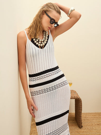 Women White & Black Crochet Variegated Stripes Strappy Beach Maxi