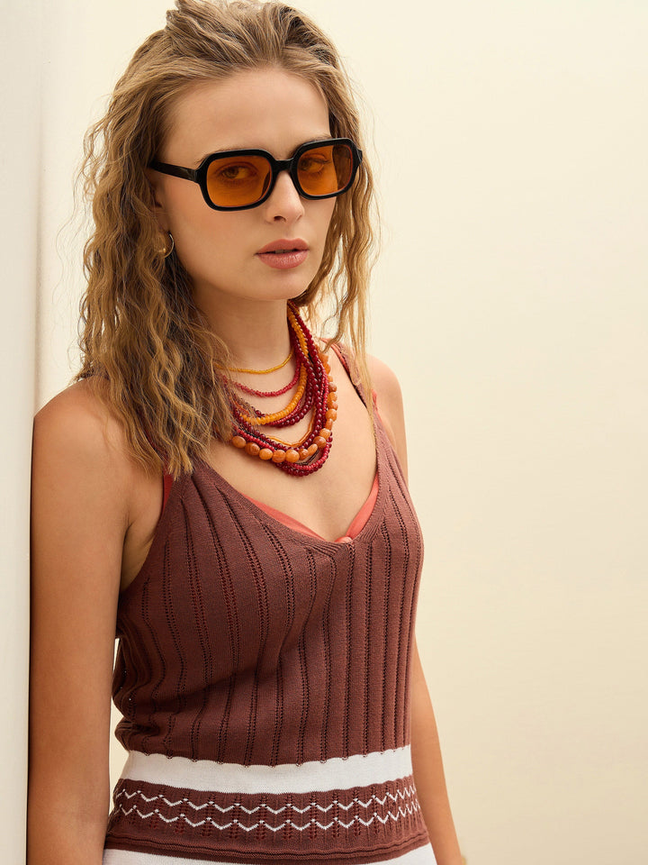 Women Brown &amp; White Crochet Variegated Stripes Strappy Beach Maxi