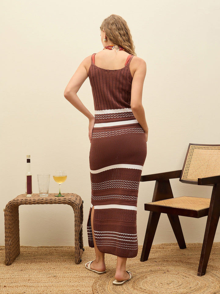 Women Brown &amp; White Crochet Variegated Stripes Strappy Beach Maxi
