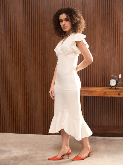 Women White V-Neck Scuba Frill Midi Dress