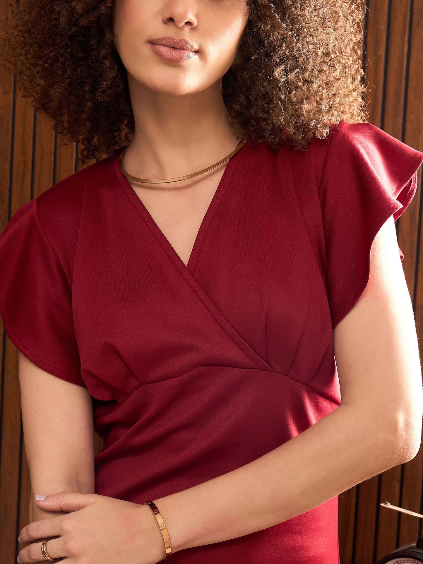 Women Maroon V-Neck Scuba Frill Midi Dress