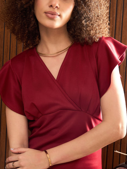Women Maroon V-Neck Scuba Frill Midi Dress