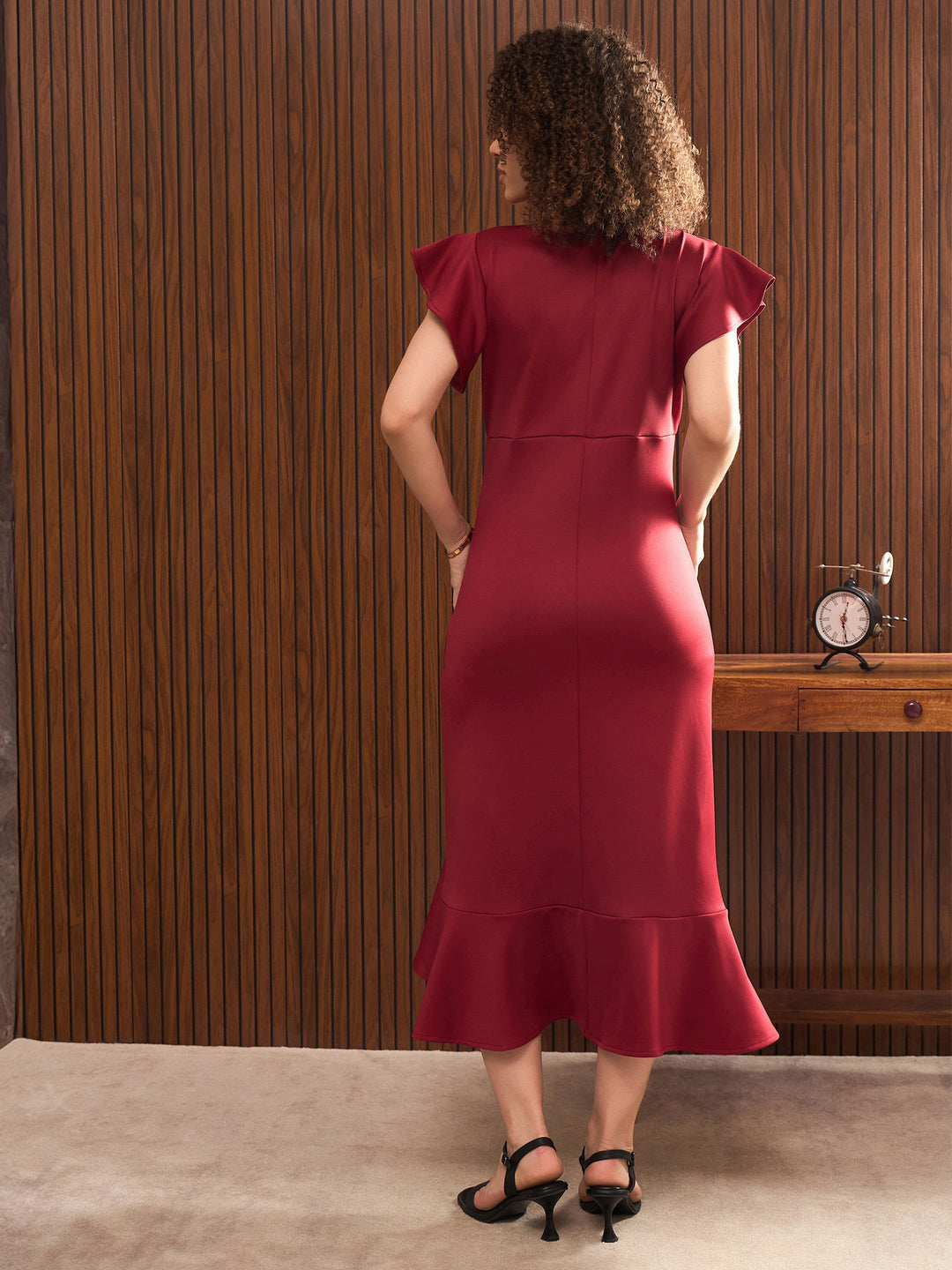 Women Maroon V-Neck Scuba Frill Midi Dress