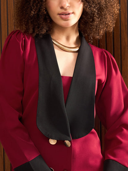 Maroon Double Breasted Shawl Collar Blazer Dress