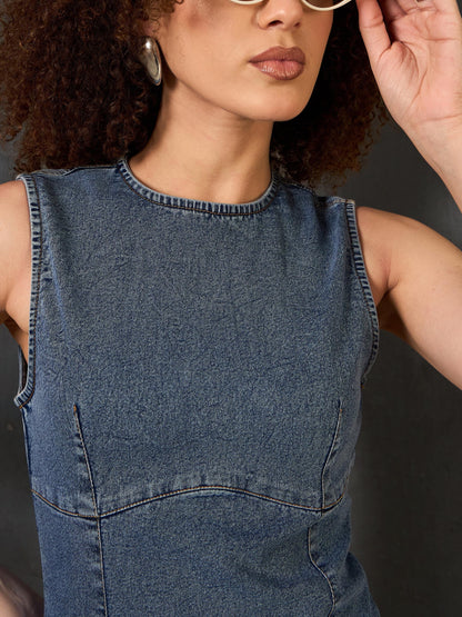 Women Blue Blast Denim Sleeveless Short Dress