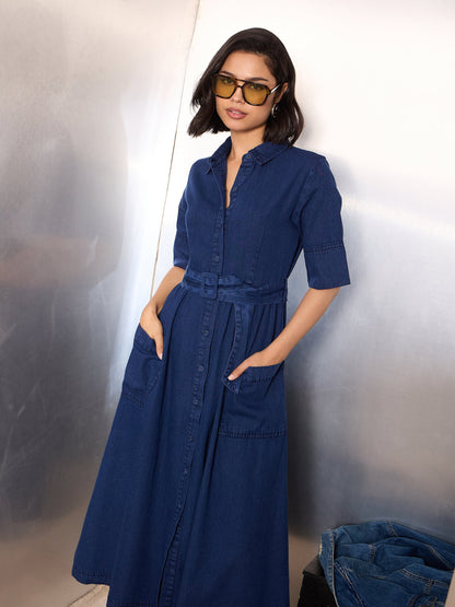 Women Navy Blue Denim Belted Maxi Dress