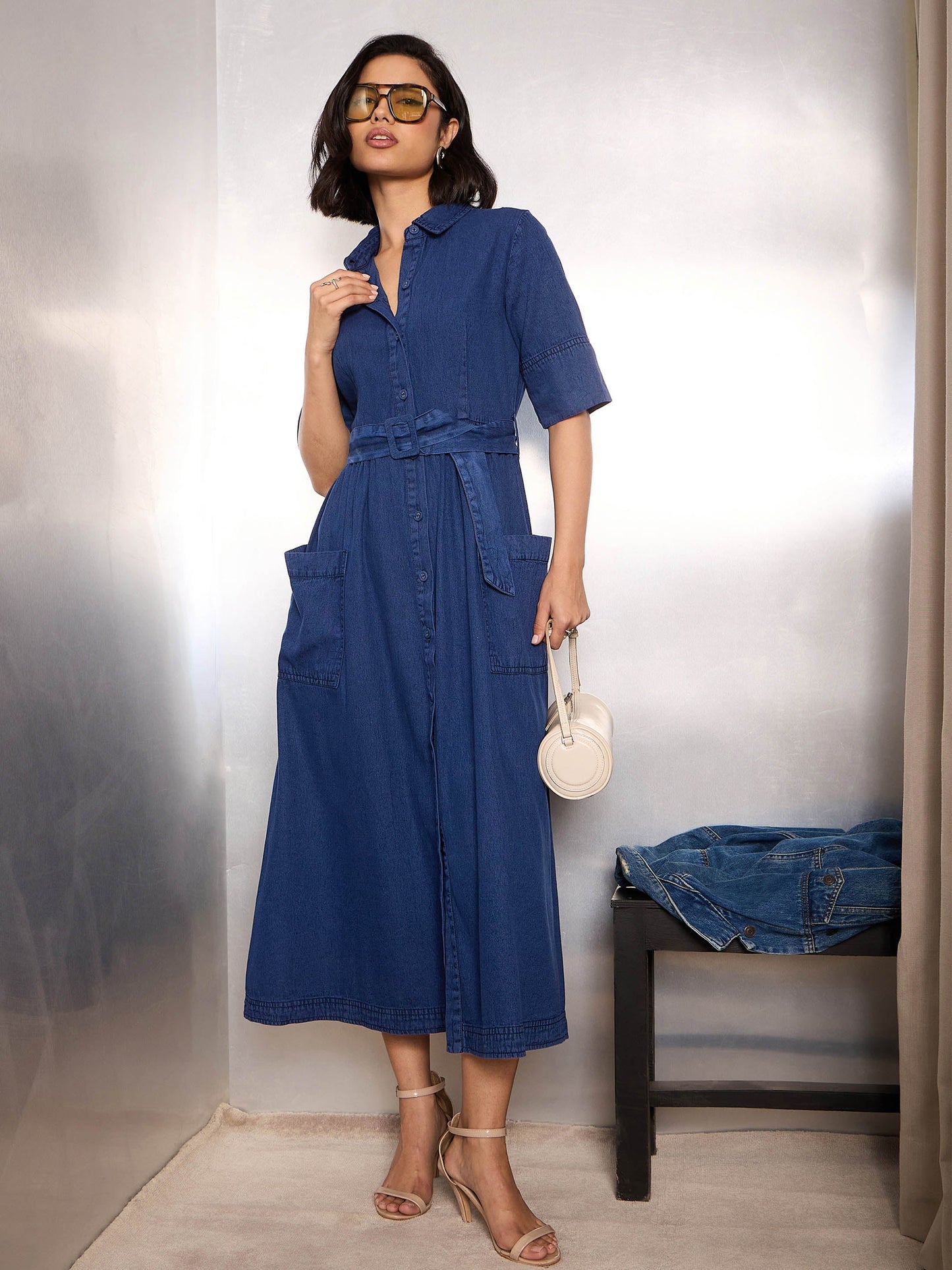 Women Navy Blue Denim Belted Maxi Dress