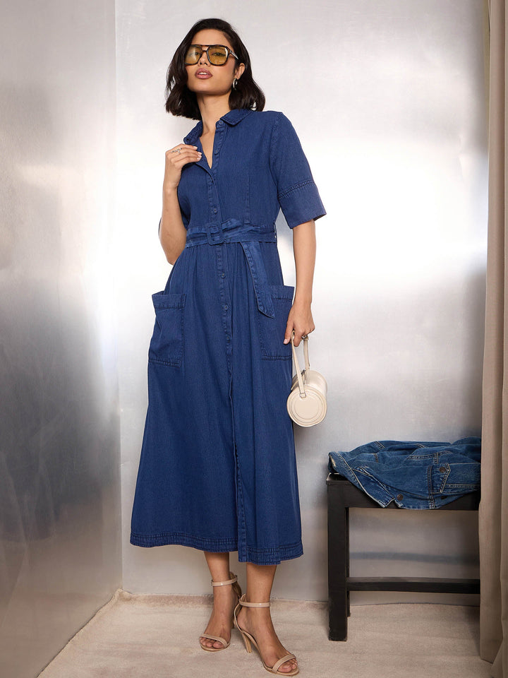 Women Navy Denim Belted Maxi Dress
