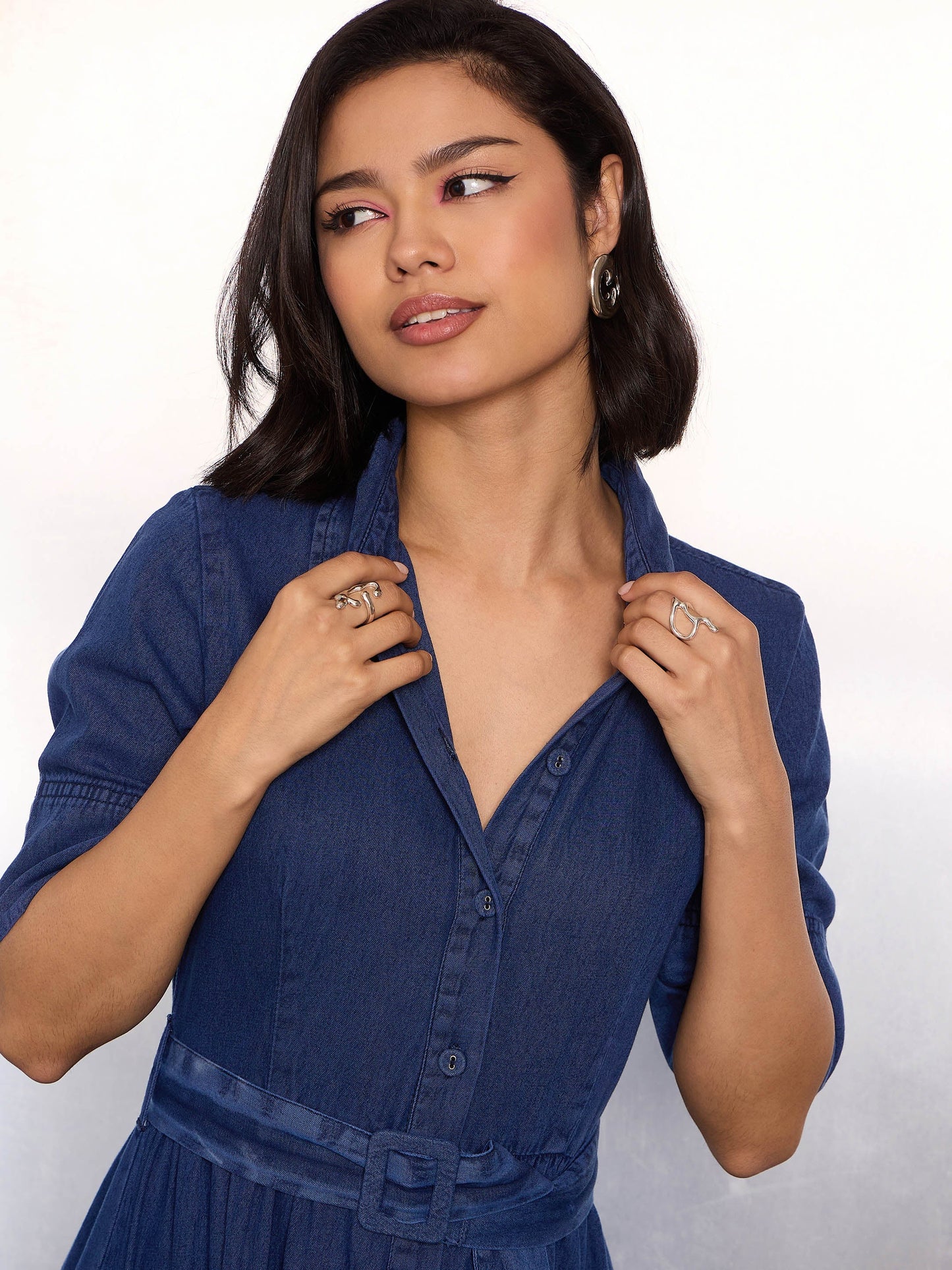 Women Navy Blue Denim Belted Maxi Dress