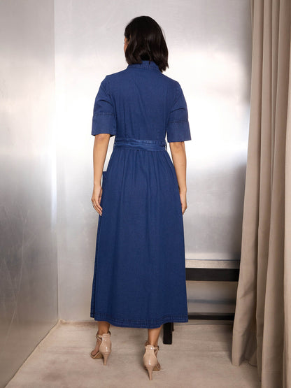 Women Navy Blue Denim Belted Maxi Dress