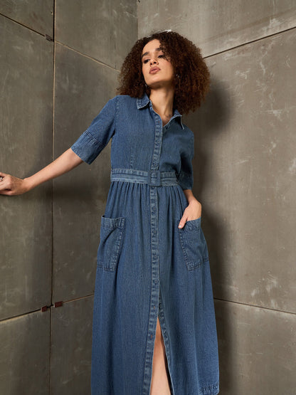 Women Blue Blast Denim Belted Maxi Dress