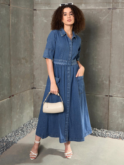 Women Blue Blast Denim Belted Maxi Dress