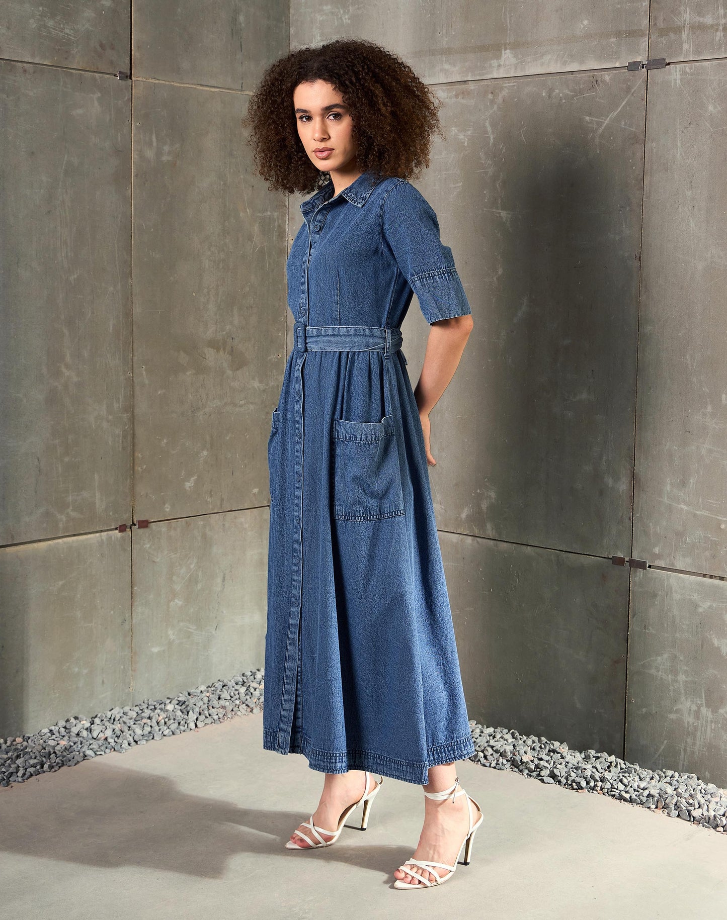 Women Blue Blast Denim Belted Maxi Dress