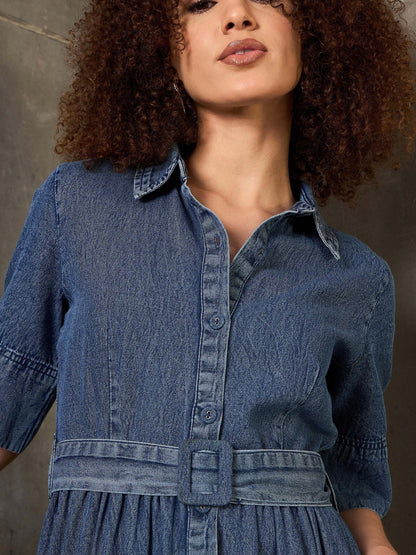 Women Blue Blast Denim Belted Maxi Dress