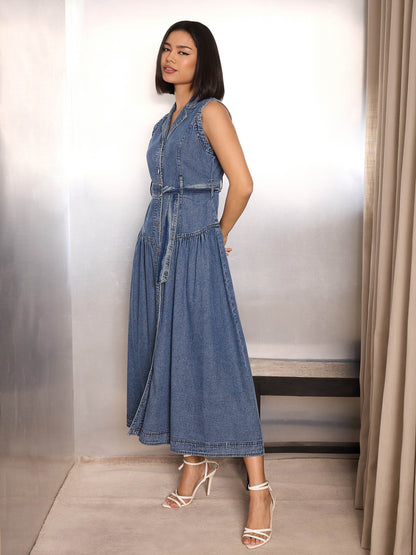 Women Blue Blast Denim Notch Collar Belted Maxi Dress