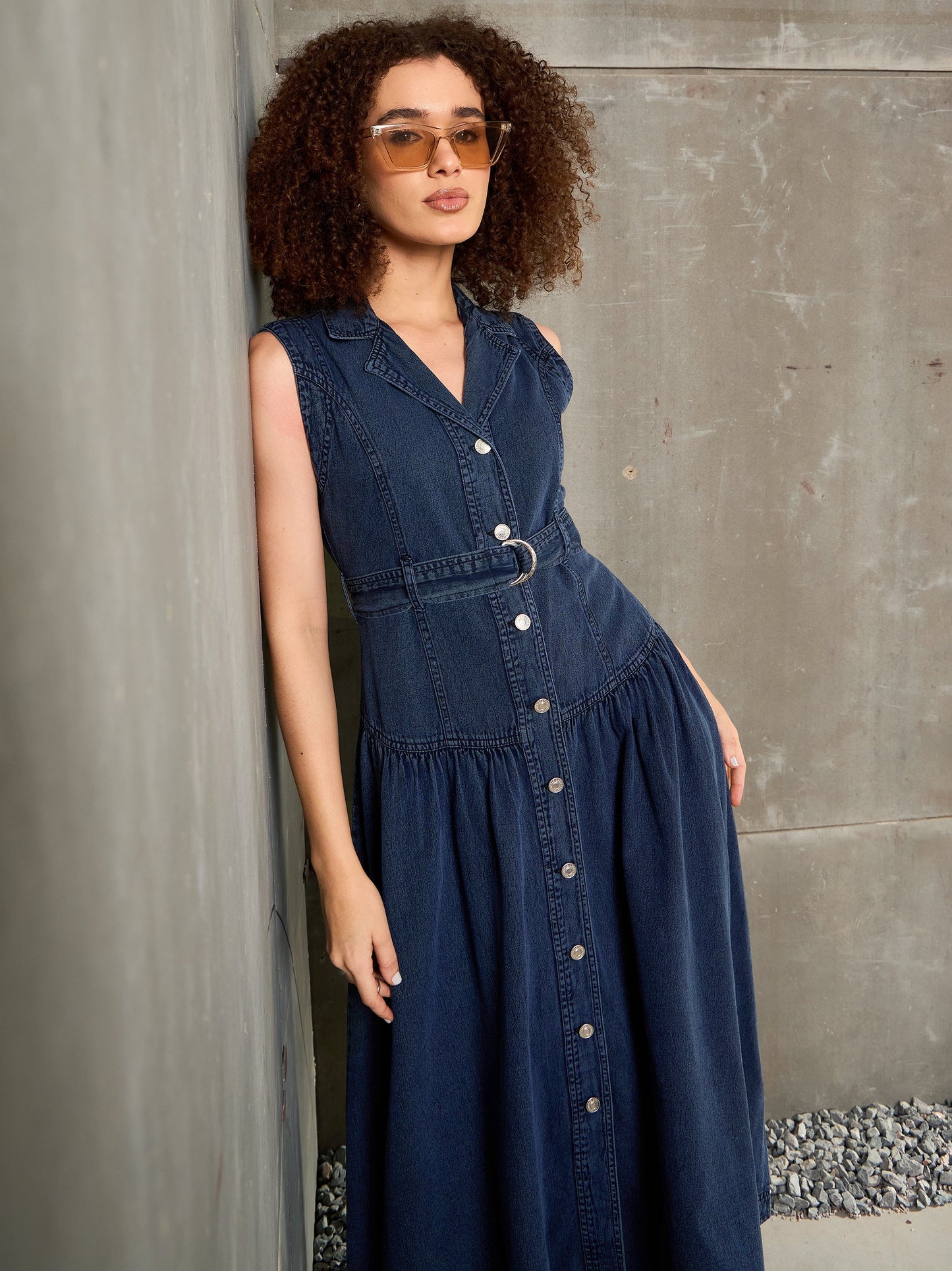 Women Blue Washed Denim Notch Collar Belted Maxi Dress