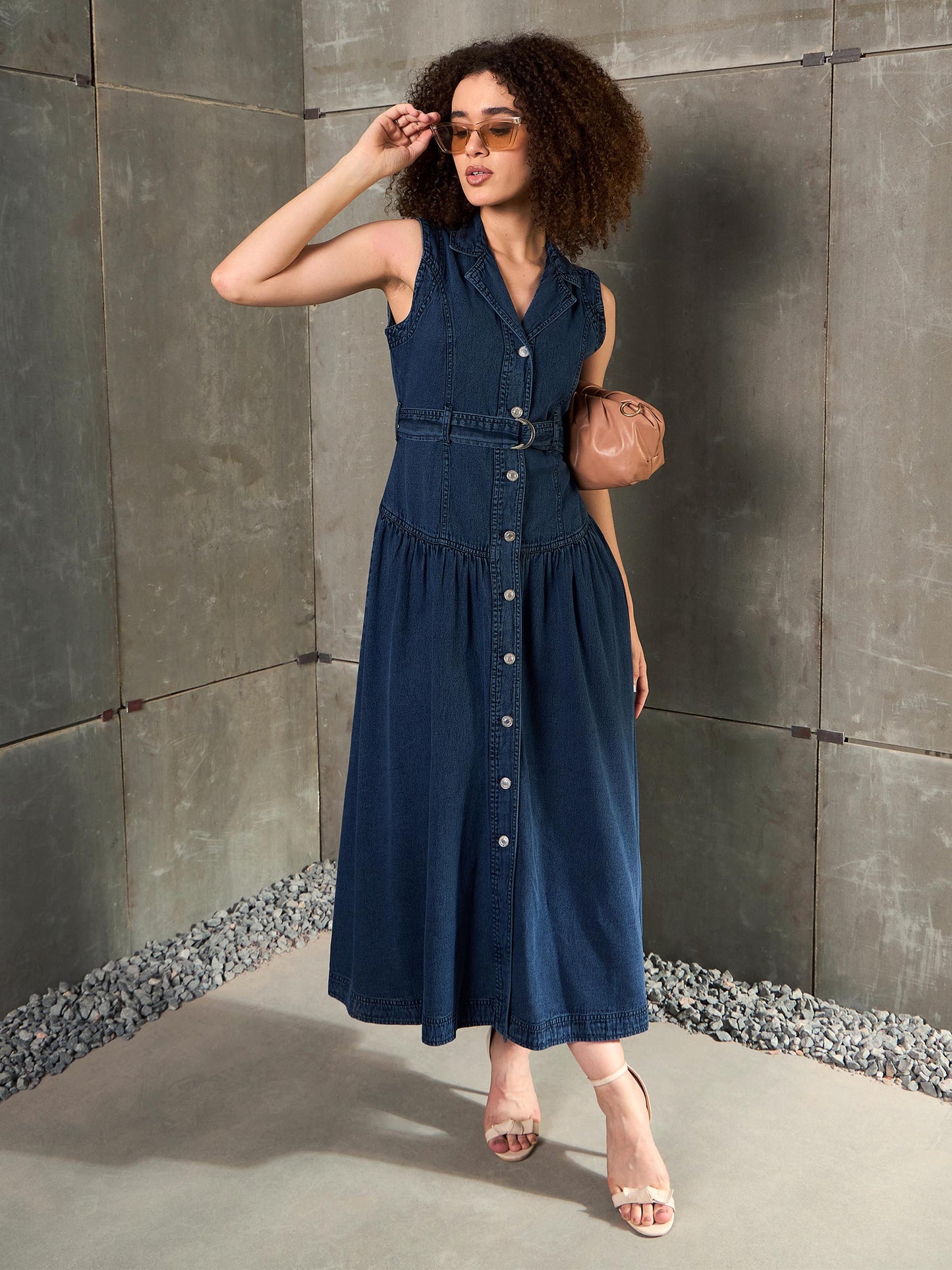 Women Blue Washed Denim Notch Collar Belted Maxi Dress