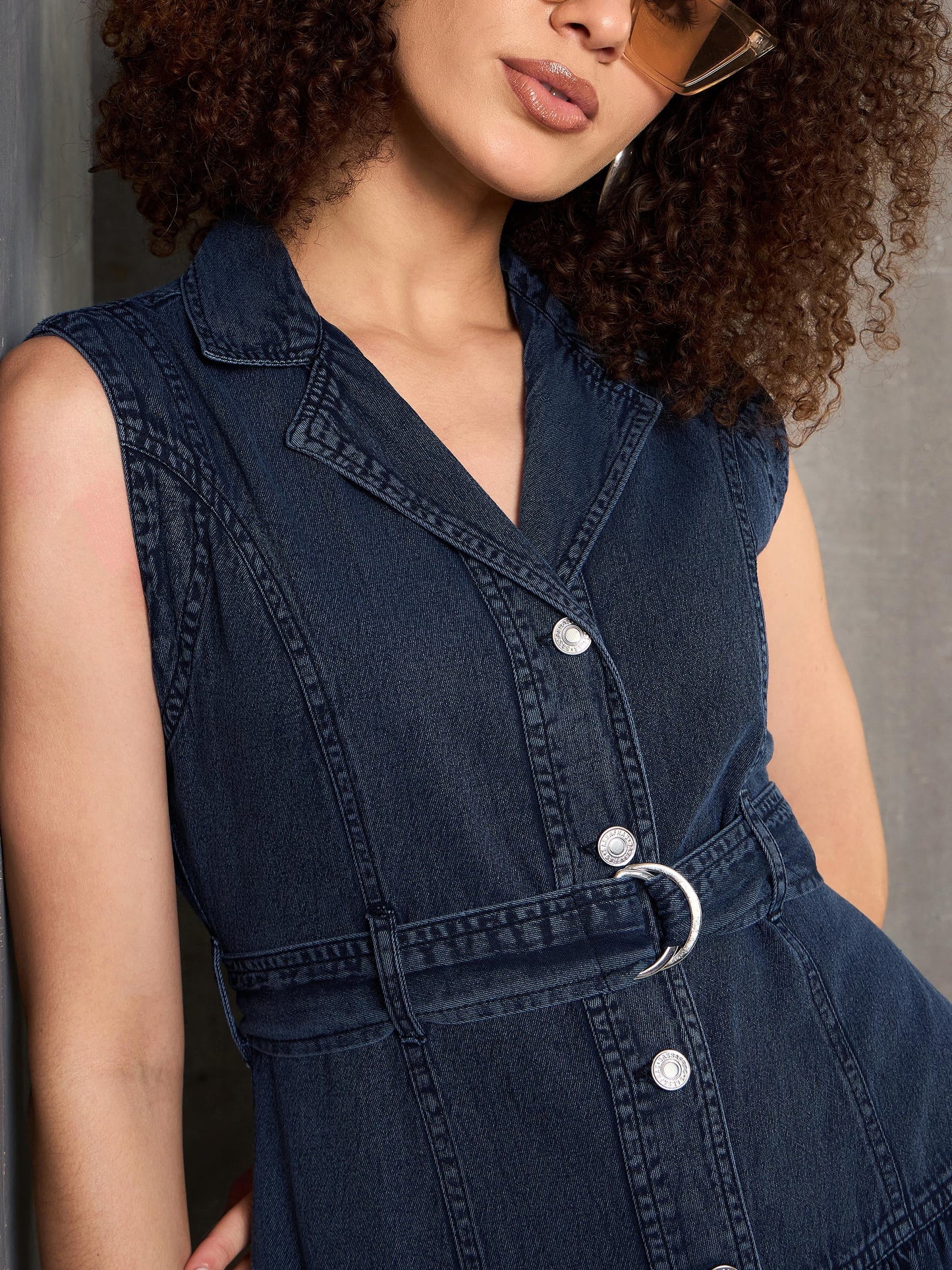 Women Blue Washed Denim Notch Collar Belted Maxi Dress